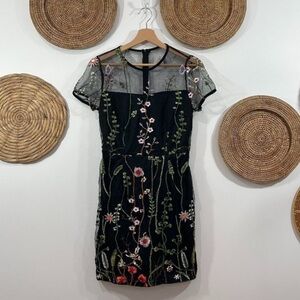 SHEIN Black Sheer Mesh Flower Floral Embroidered Lined Mini Dress Medium